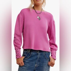Free people we the free lapis lace up cuff cotton thermal top NWT XL plumdrop